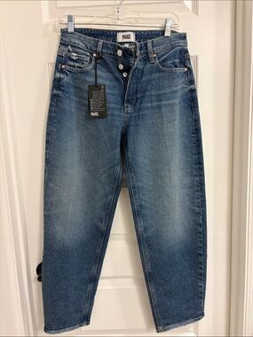 PAIGE Button-Fly High-Rise Barrel Jeans in Medium Wash Blue